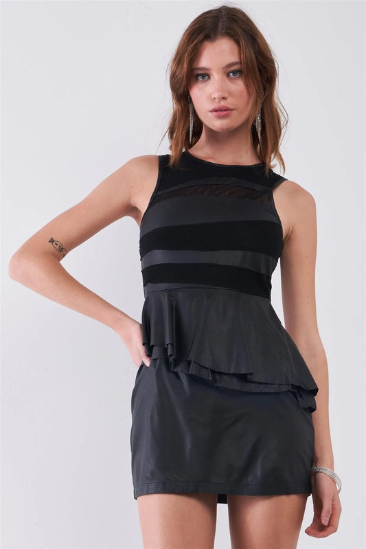 Black Vegan Leather Crew Neck Sleeveless Mesh Cut-In Detail Frill Detail Mini Dress /1-2-2-1 - Tasha Apparel Wholesale