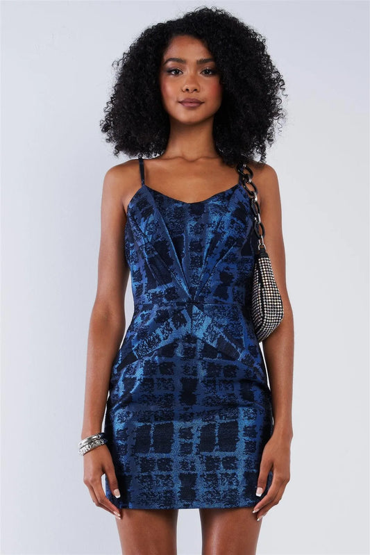 Cobalt Blue Black Pattern Printed Disco Mini Dress /1-2-2-2 - Tasha Apparel Wholesale