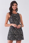 Black Leopard Print Sleeveless Round Neck Structured Cut-Out Back Detail Flare Mini Dress /2-3-1