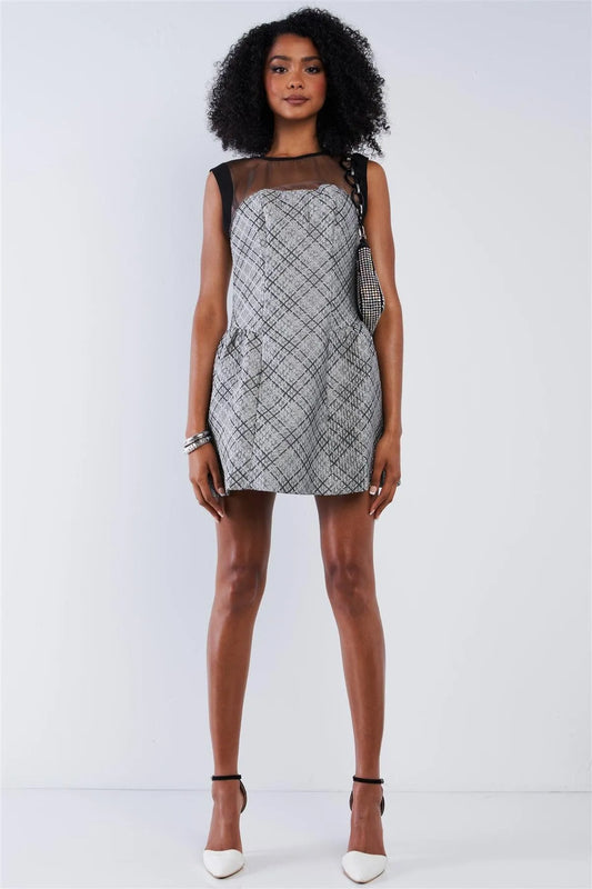 Stardust Silver Black Pattern Print Sheer Black Neckline Detail Mini Dress / 1-2-2-1 - Tasha Apparel Wholesale