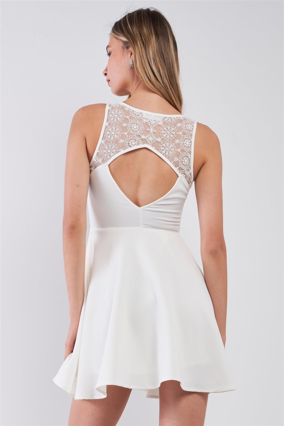 White V-Neck Sleeveless Front Horizontal Straps Lace Trim Back Cut-Out Mini Dress /4-2-1