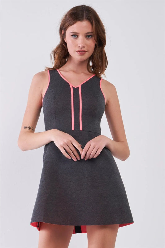 Charcoal & Pink V-Neck Sleeveless Foam Scuba Mini Dress /1-2-2-1 - Tasha Apparel Wholesale