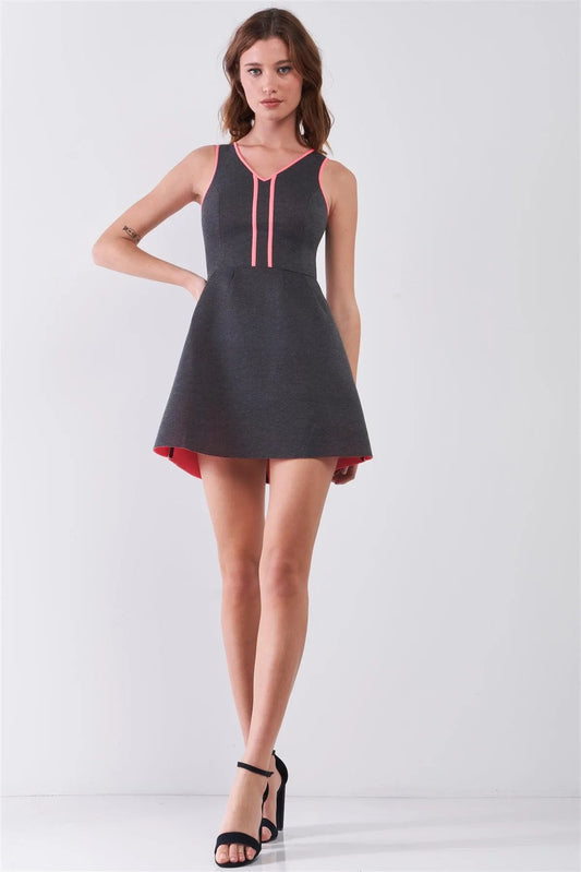 Charcoal & Pink V-Neck Sleeveless Foam Scuba Mini Dress /1-2-3-1 - Tasha Apparel Wholesale