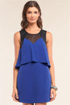 Royal Blue Sleeveless Layered Vegan Leather Detail Mini Dress /1-3-2