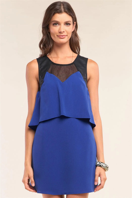 Royal Blue Sleeveless Layered Vegan Leather Detail Mini Dress /1-3-2 - Tasha Apparel Wholesale