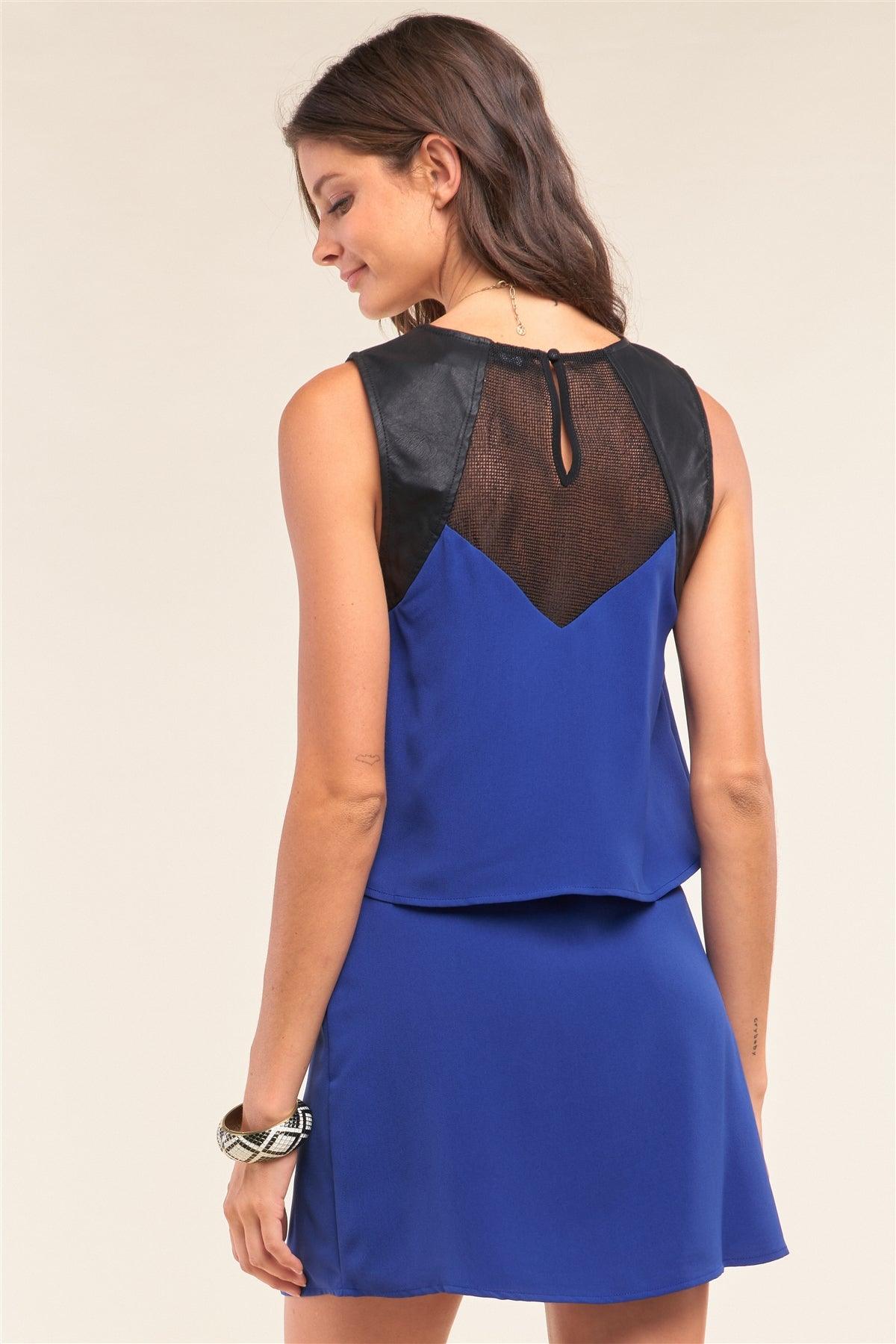 Royal Blue Sleeveless Layered Vegan Leather Detail Mini Dress /1-3-2