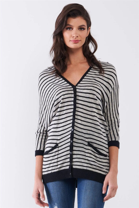 Grey Striped Button-Up Front Midi Sleeve Relaxed Cardigan Top /1-2-1 - Tasha Apparel Wholesale