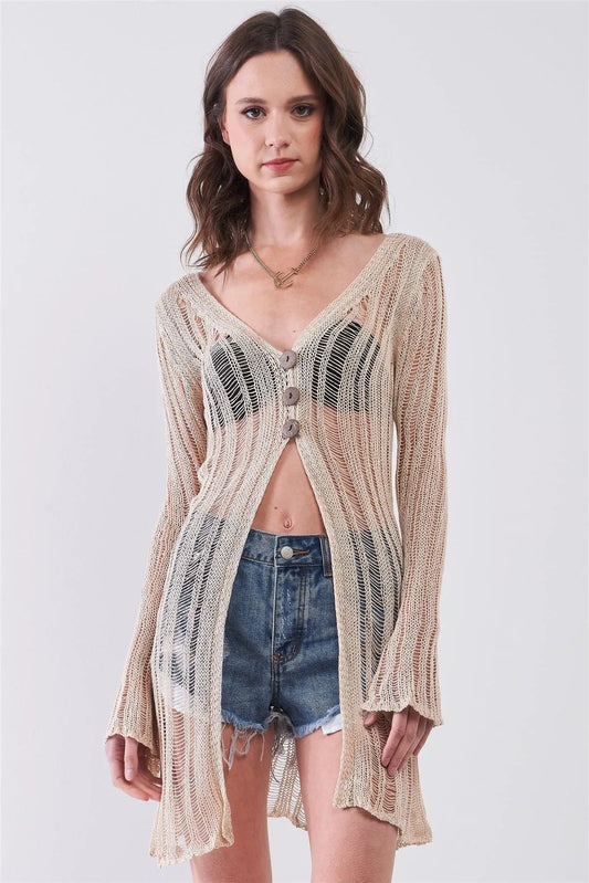 Birch Boho Long Sleeve Buttoned Front Macrame Knit Cardigan /3-3 - Tasha Apparel Wholesale