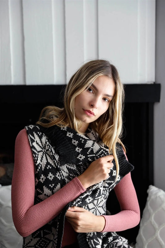 Black & Grey Sleeveless Inside-Out Cable Knit Lapeled Neckline Open Front Oversized Vest Cardigan /2-2-2 - Tasha Apparel Wholesale