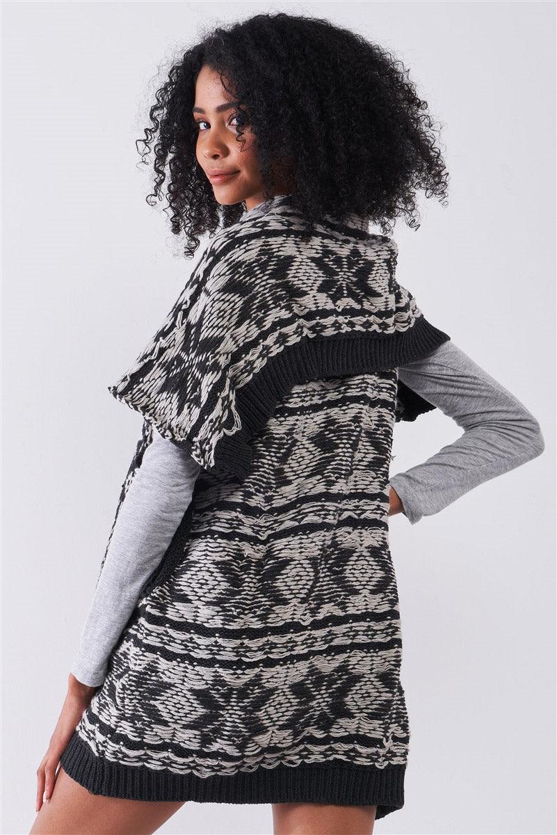 Black & Grey Sleeveless Inside-Out Cable Knit Lapeled Neckline Open Front Oversized Vest Cardigan /2-2-2