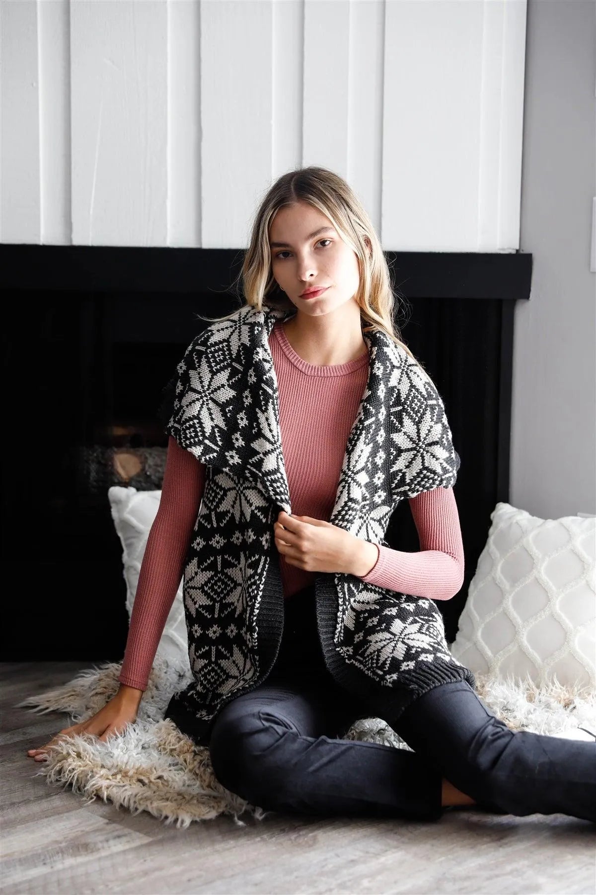 Black & Grey Sleeveless Inside-Out Cable Knit Lapeled Neckline Open Front Oversized Vest Jacket /3-3 - Tasha Apparel Wholesale
