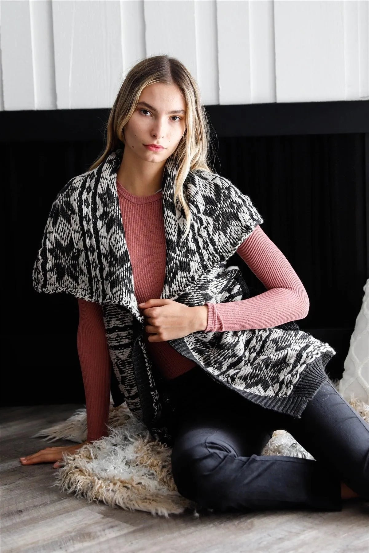 Black & Grey Sleeveless Inside-Out Cable Knit Lapeled Neckline Open Front Oversized Vest Jacket /3-3 - Tasha Apparel Wholesale
