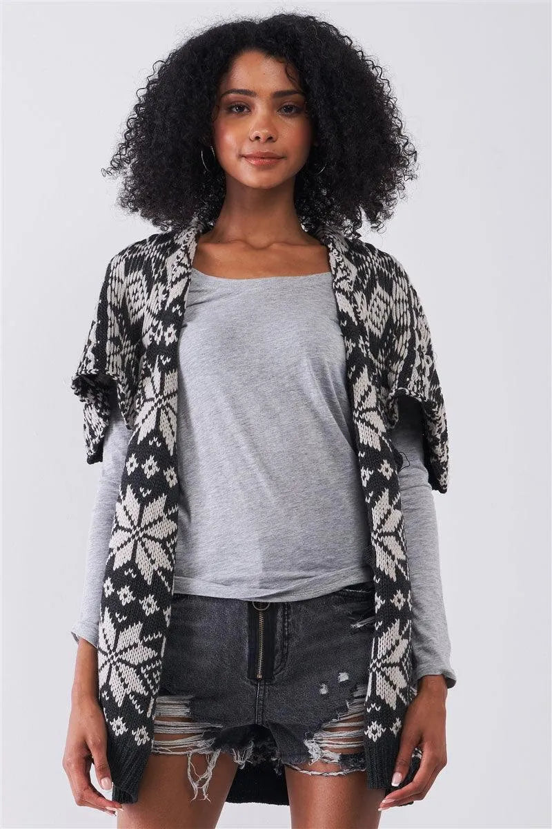 Black & Grey Sleeveless Inside-Out Cable Knit Lapeled Neckline Open Front Oversized Vest Jacket /3-3 - Tasha Apparel Wholesale