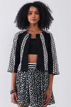 Black & White Damask Print Round Neck Open Front 3/4 Sleeve Cropped Jacket /1-2-2-1 - Tasha Apparel Wholesale