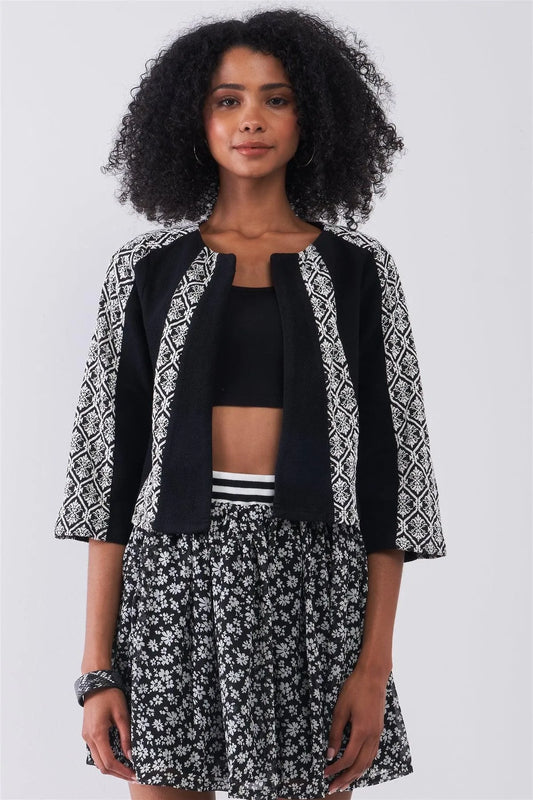 Black & White Damask Print Round Neck Open Front 3/4 Sleeve Cropped Jacket /1-2-2-1 - Tasha Apparel Wholesale