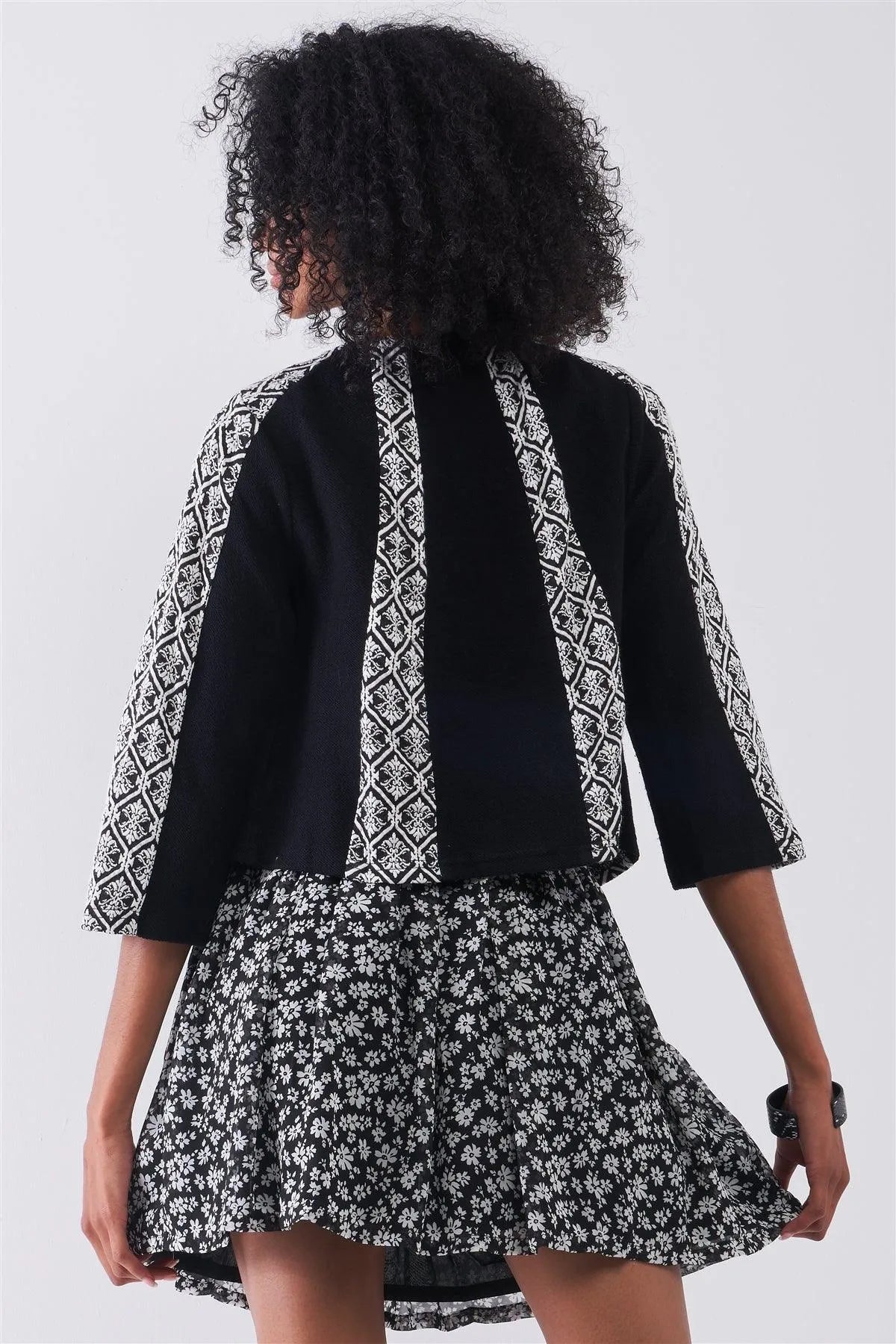 Black & White Damask Print Round Neck Open Front 3/4 Sleeve Cropped Jacket /1-2-2-1 - Tasha Apparel Wholesale