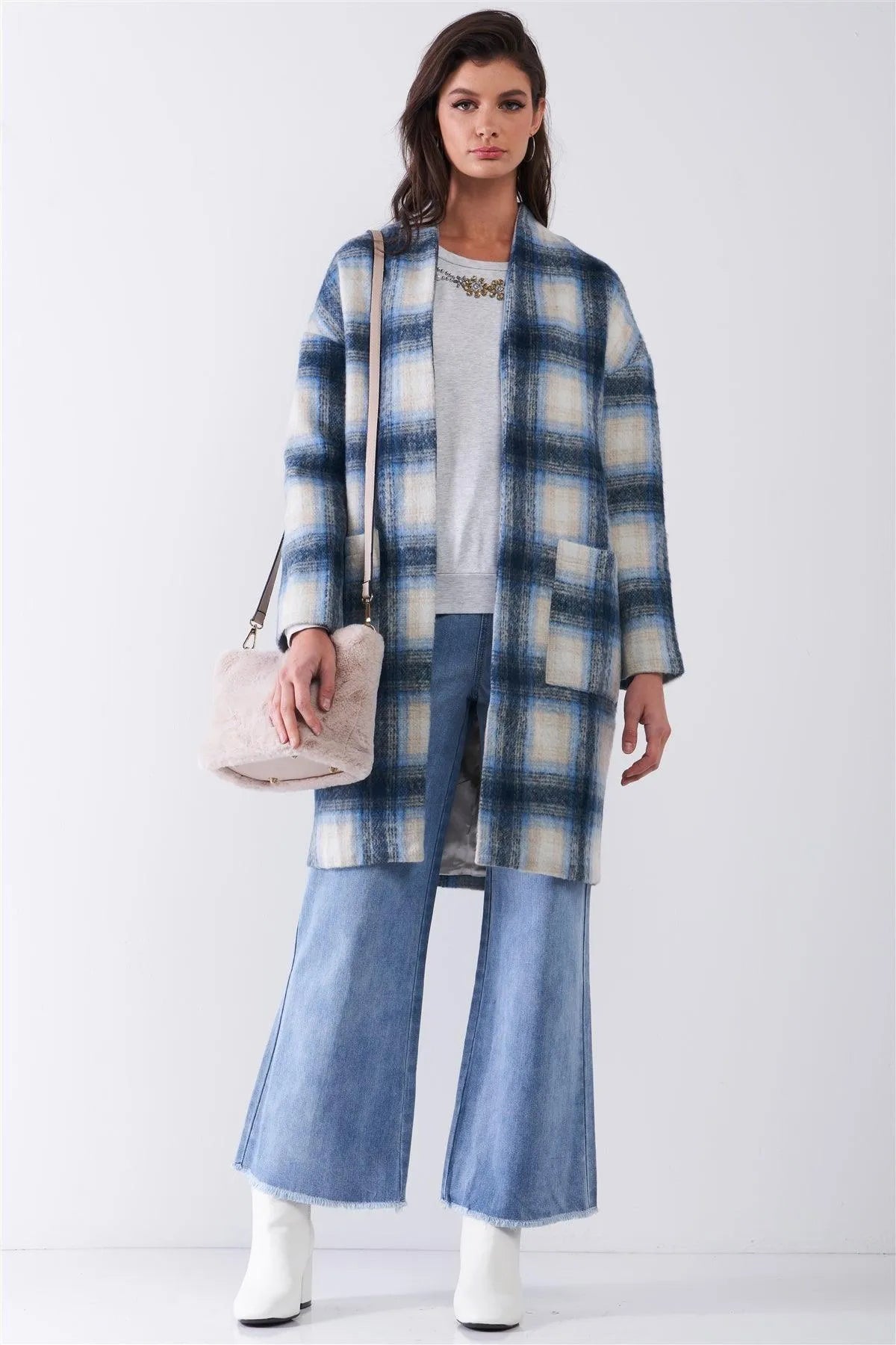 Blue Madras Check Plaid Open Front Long Sleeve Straight Wool Coat Jacket /2-2-2 - Tasha Apparel Wholesale