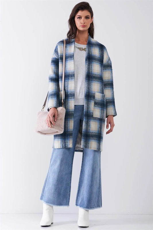 Blue Madras Check Plaid Open Front Long Sleeve Straight Wool Coat Jacket /2-2-2 - Tasha Apparel Wholesale