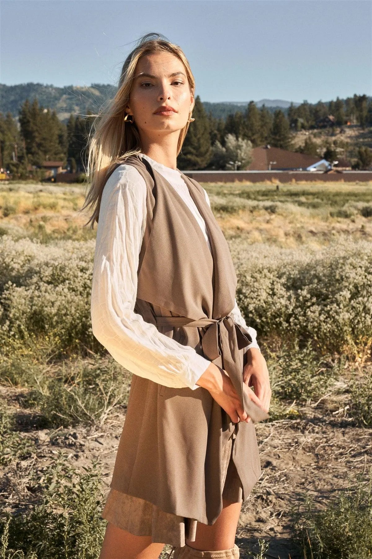 Mocha Lapel Neck Sleeveless Belted Short Vest Trench Coat /1-2-1 - Tasha Apparel Wholesale