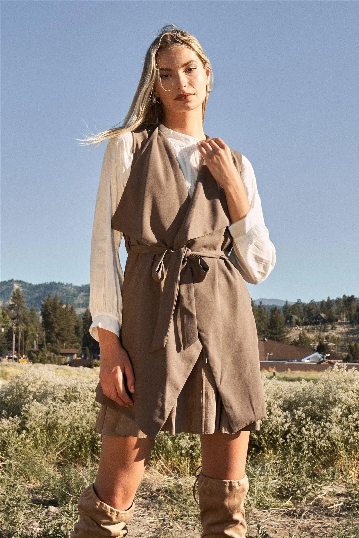 Mocha Lapel Neck Sleeveless Belted Short Vest Trench Coat /1-2-1 - Tasha Apparel Wholesale