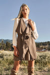 Mocha Lapel Neck Sleeveless Belted Short Vest Trench Coat /1-2-2-1 - Tasha Apparel Wholesale