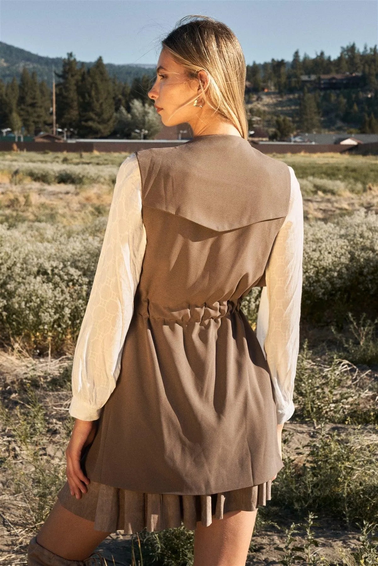 Mocha Lapel Neck Sleeveless Belted Short Vest Trench Coat /1-2-2-1 - Tasha Apparel Wholesale