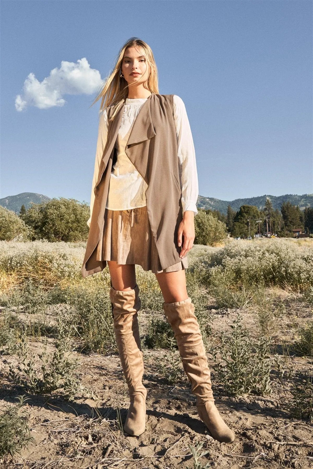 Mocha Lapel Neck Sleeveless Belted Short Vest Trench Coat /1-2-2-1 - Tasha Apparel Wholesale