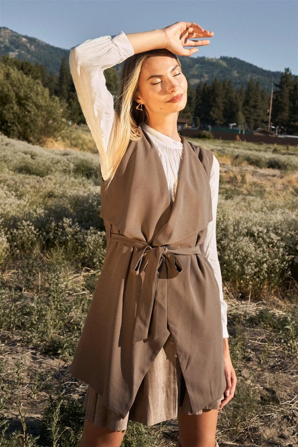 Mocha Lapel Neck Sleeveless Belted Short Vest Trench Coat /1-2-2-1 - Tasha Apparel Wholesale