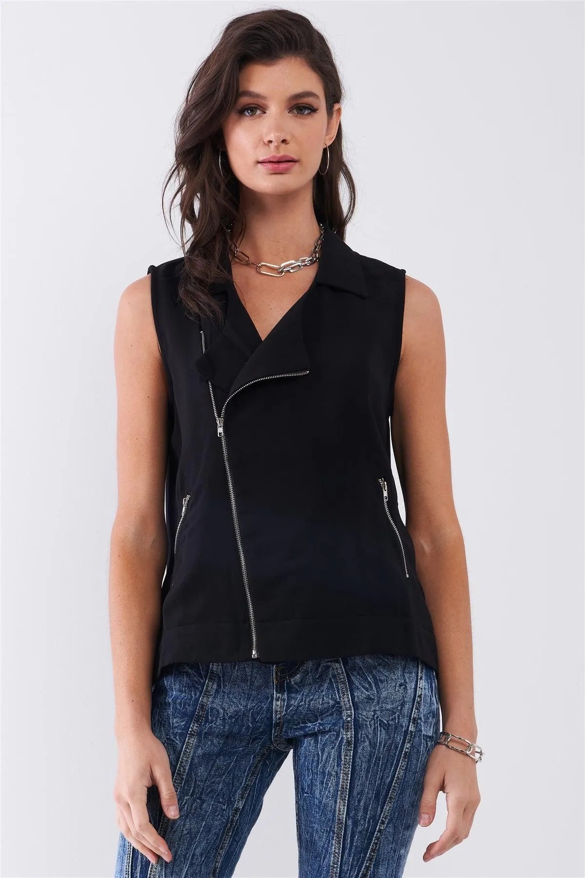 Black Sleeveless Collared Front Oblique Zipper Detail Vest /1-2-2-1 - Tasha Apparel Wholesale