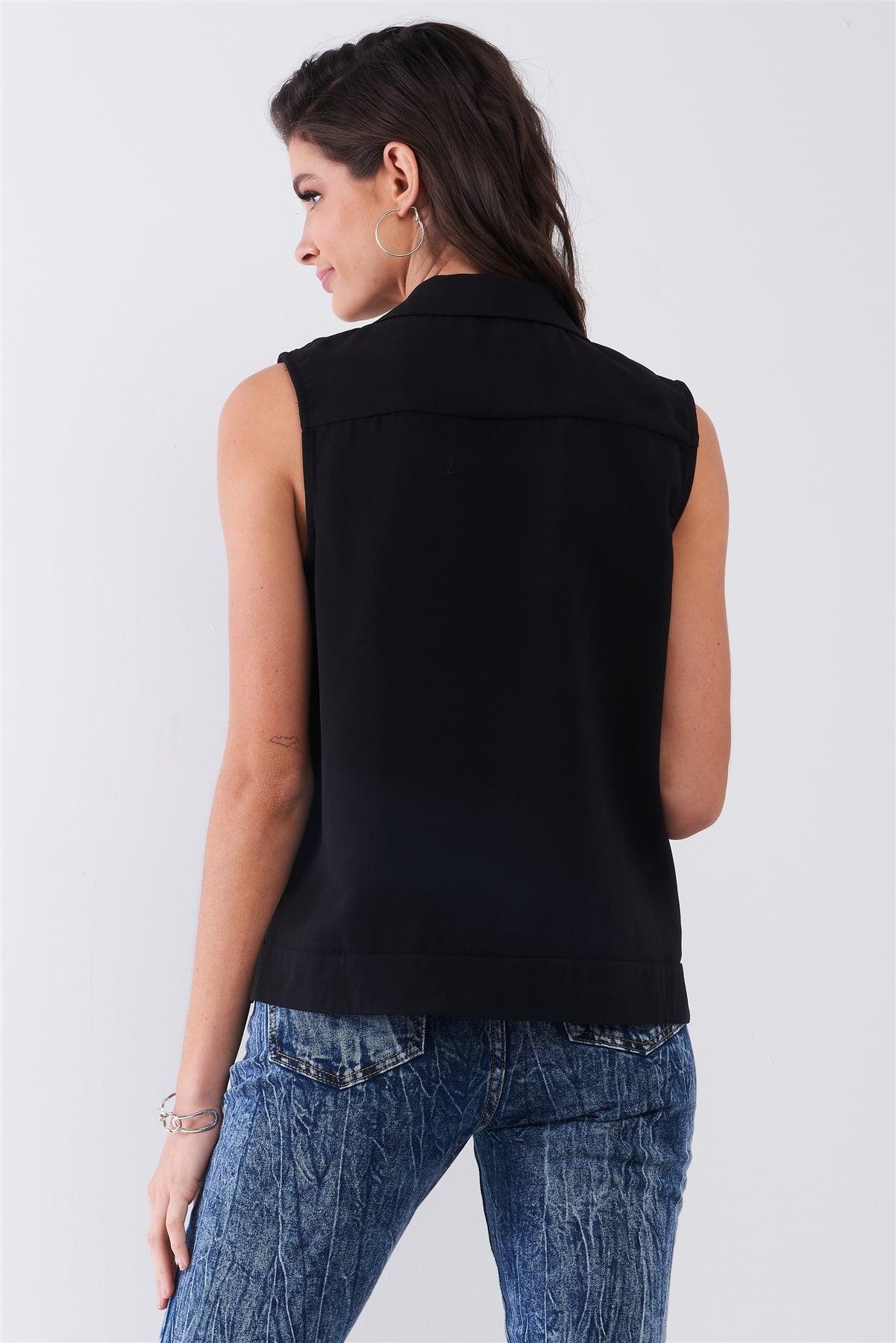 Black Sleeveless Collared Front Oblique Zipper Detail Vest /1-2-2-1