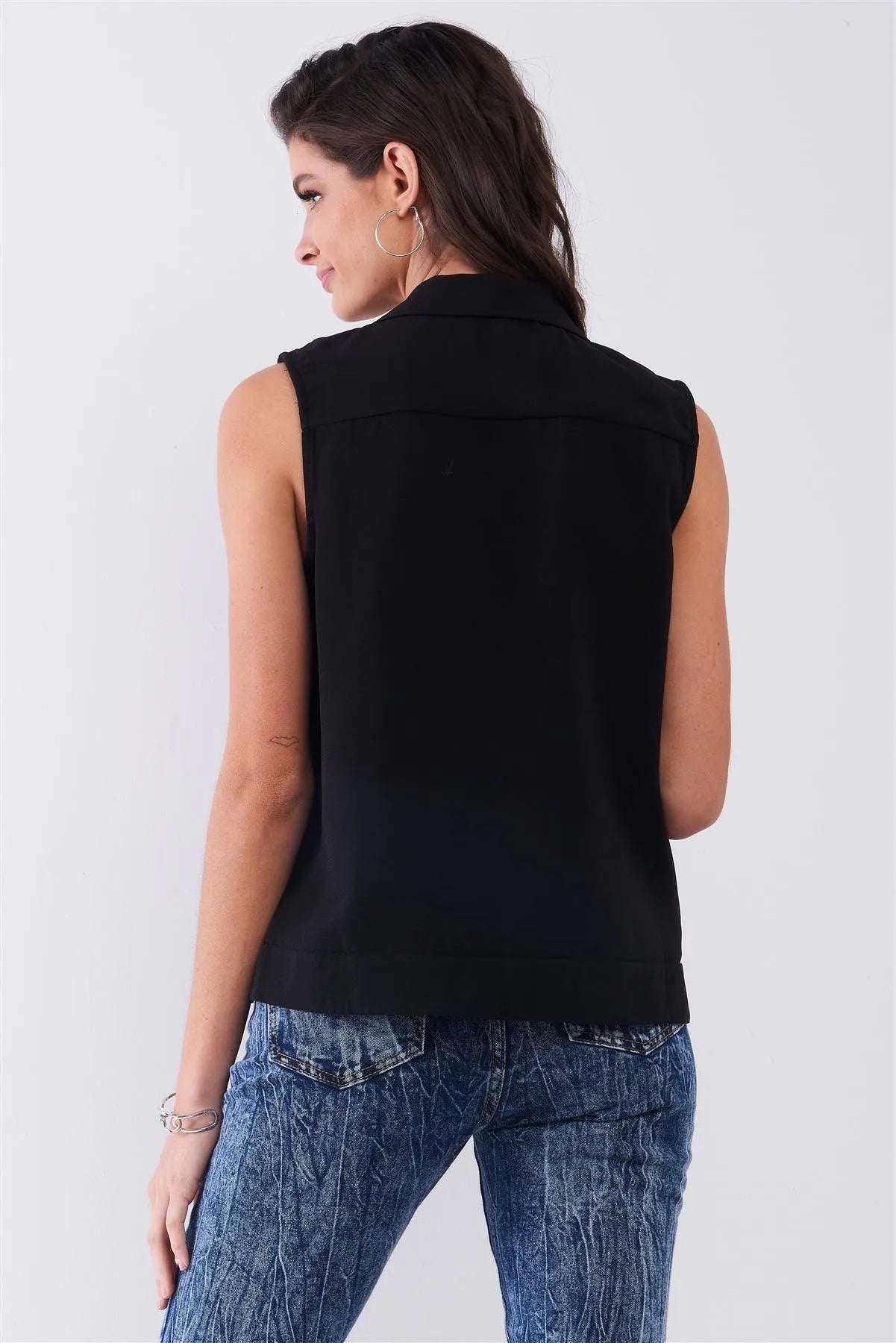 Black Sleeveless Collared Front Oblique Zipper Detail Vest /1-2-2-1 - Tasha Apparel Wholesale