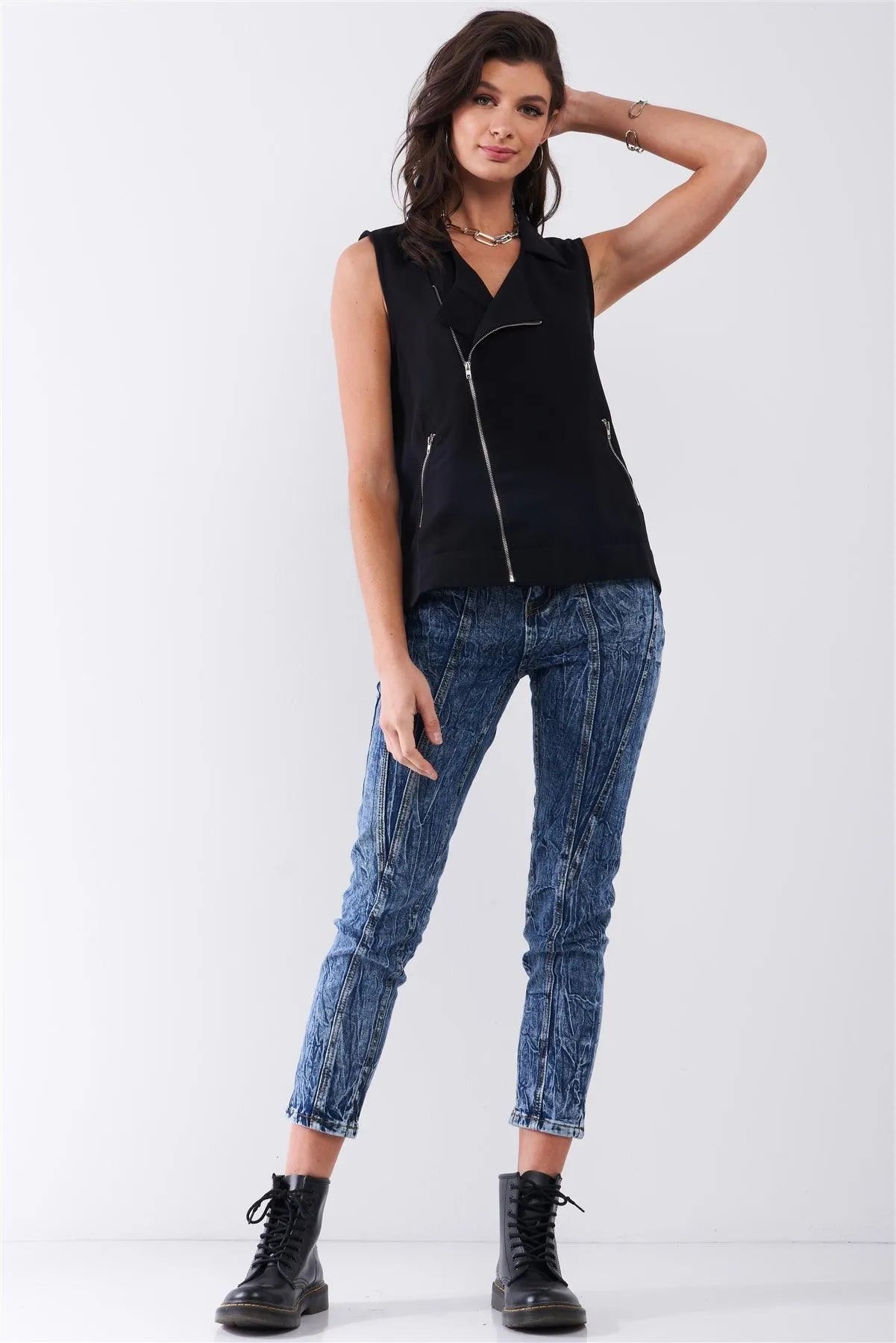 Black Sleeveless Collared Front Oblique Zipper Detail Vest /1-2-2-1 - Tasha Apparel Wholesale