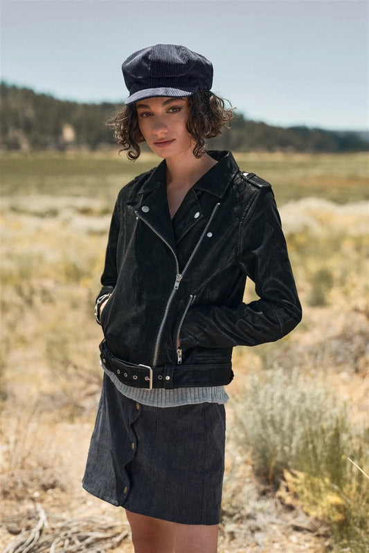 Black Faux Suede Edgy Belted Hem Biker Jacket /1-2-2-1 - Tasha Apparel Wholesale