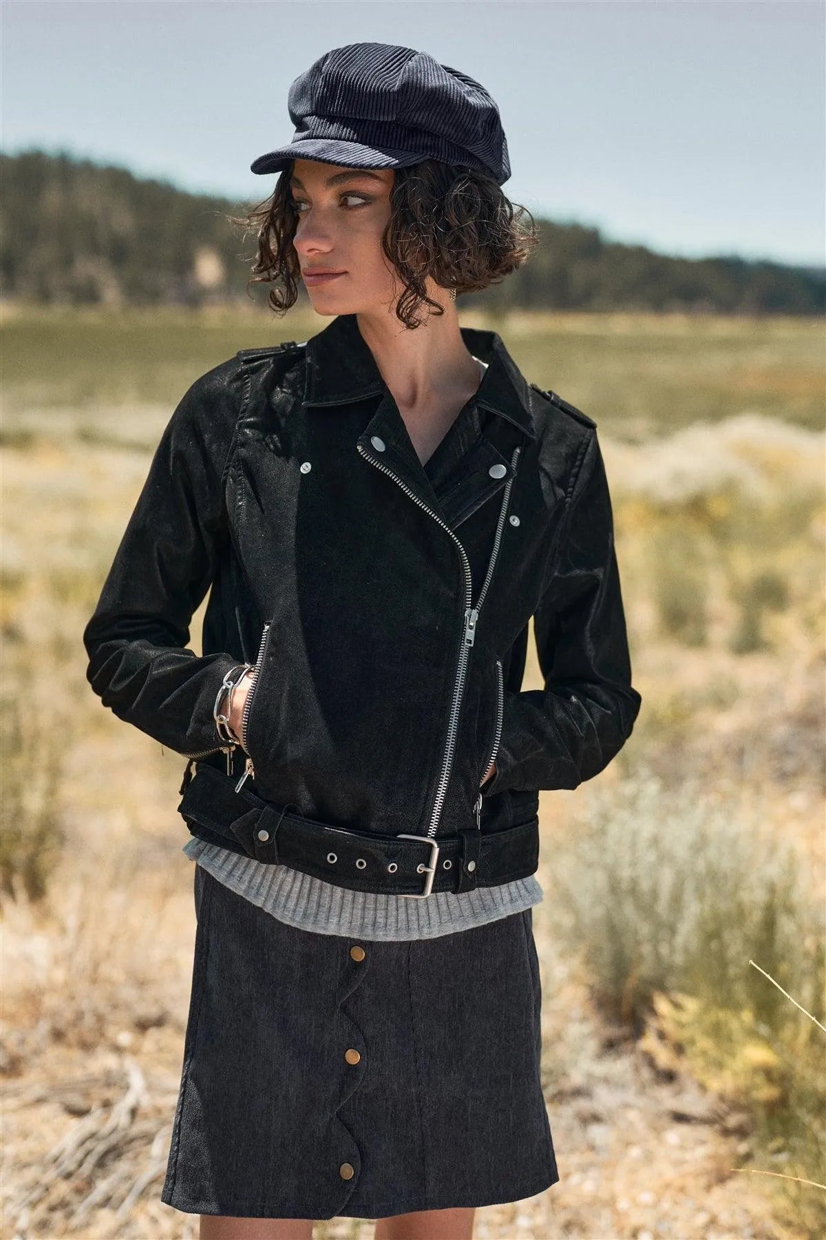 Black Faux Suede Edgy Belted Hem Biker Jacket - Tasha Apparel Wholesale