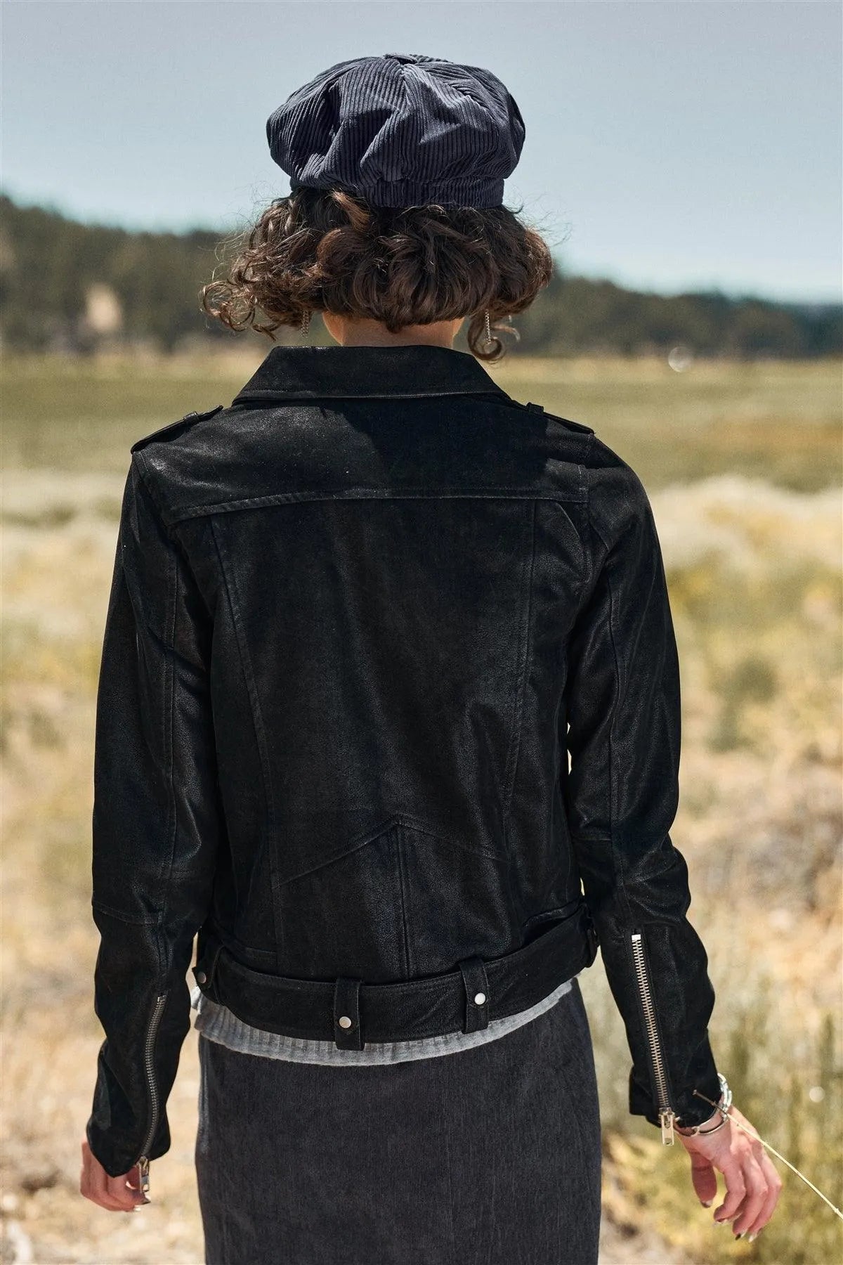 Black Faux Suede Edgy Belted Hem Biker Jacket /1-3-2 - Tasha Apparel Wholesale