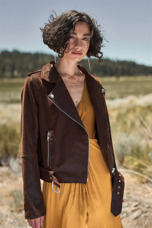 Brown Faux Suede Edgy Belted Hem Biker Jacket /1-2-1 - Tasha Apparel Wholesale