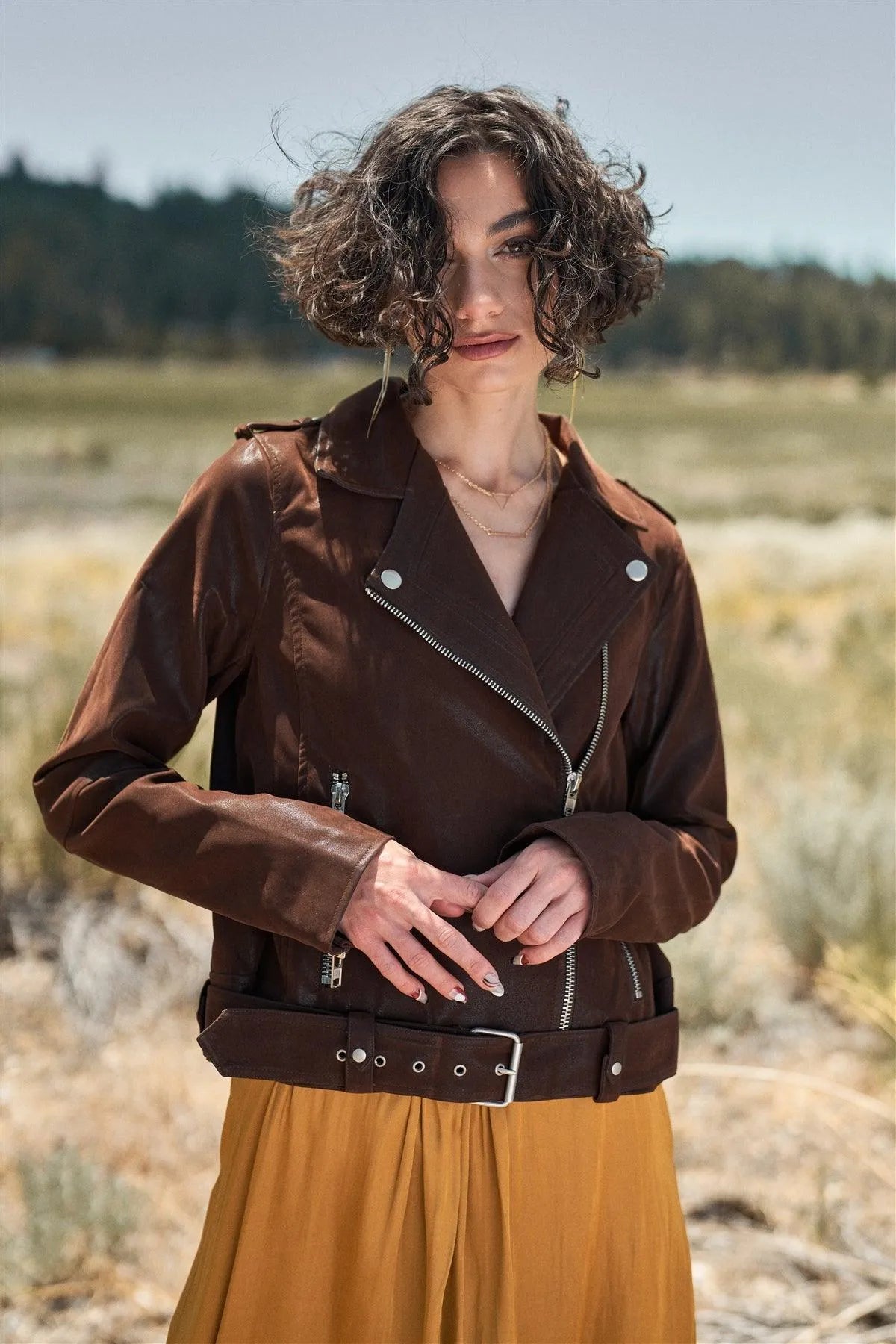Brown Faux Suede Edgy Belted Hem Biker Jacket /1-1-2-1 - Tasha Apparel Wholesale