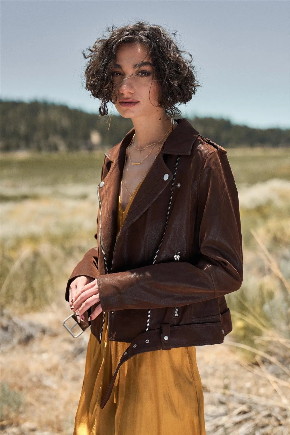 Brown Faux Suede Edgy Belted Hem Biker Jacket /1-1-2-1 - Tasha Apparel Wholesale