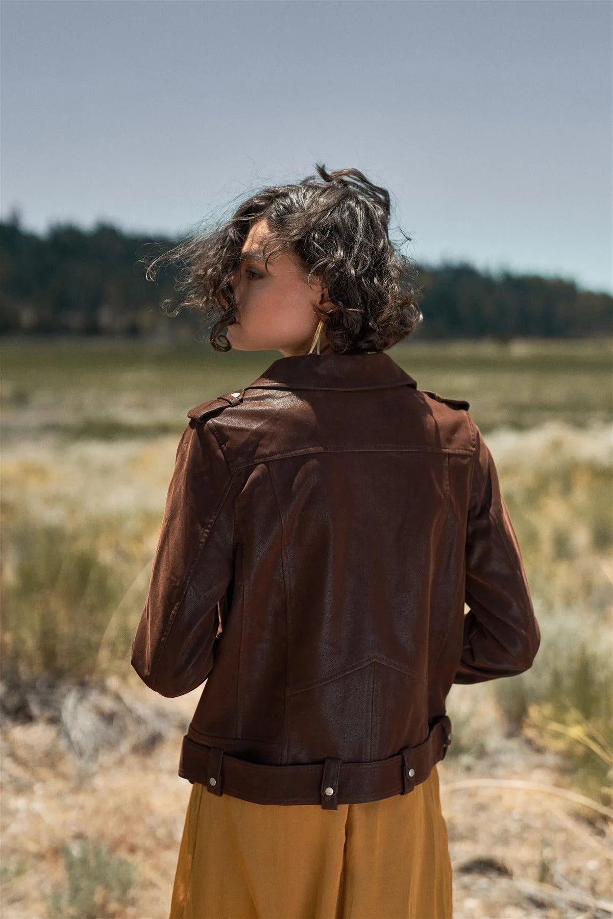 Brown Faux Suede Edgy Belted Hem Biker Jacket /1-2-2-1 - Tasha Apparel Wholesale