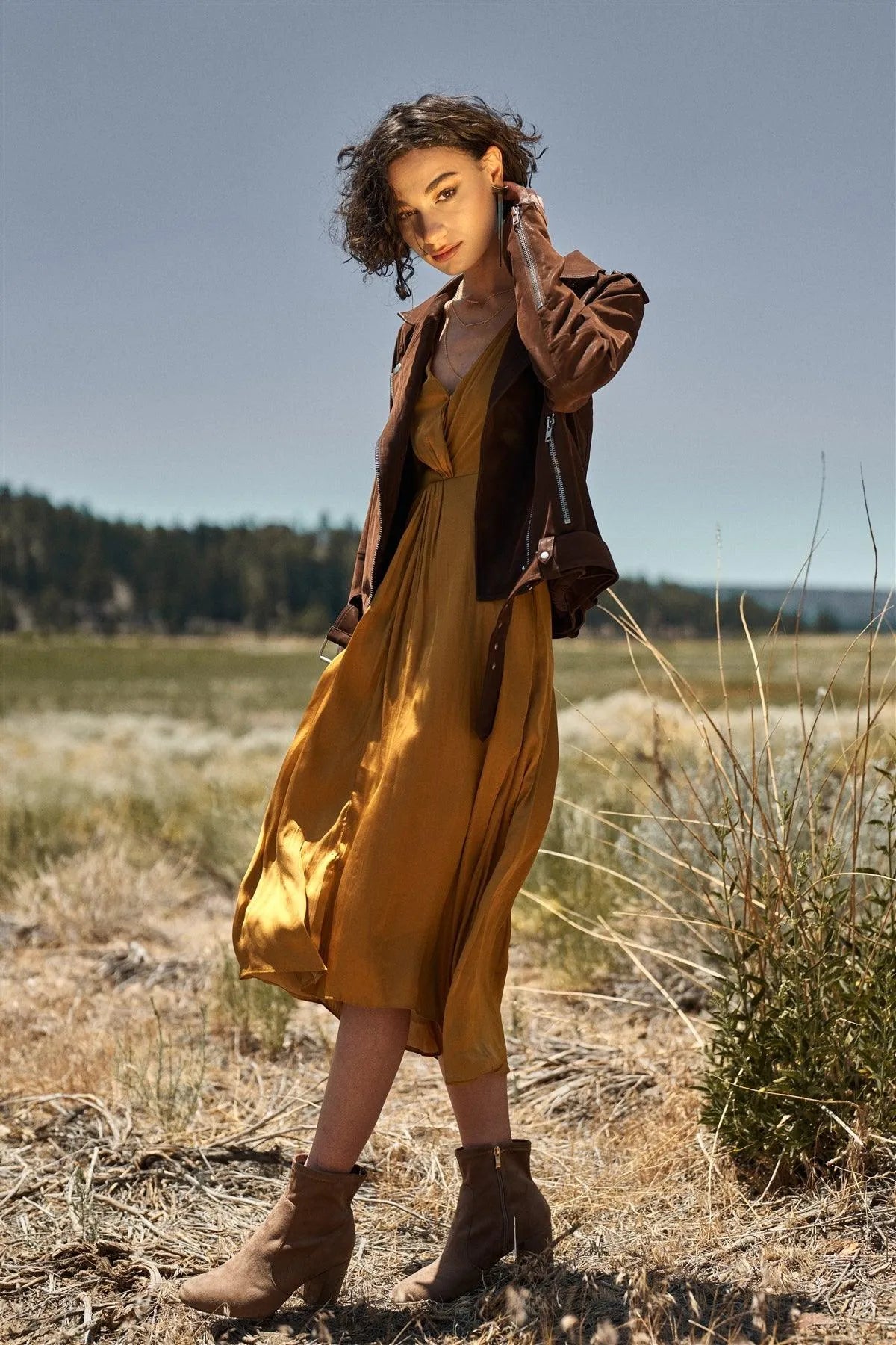 Brown Faux Suede Edgy Belted Hem Biker Jacket /1-2-2-1 - Tasha Apparel Wholesale