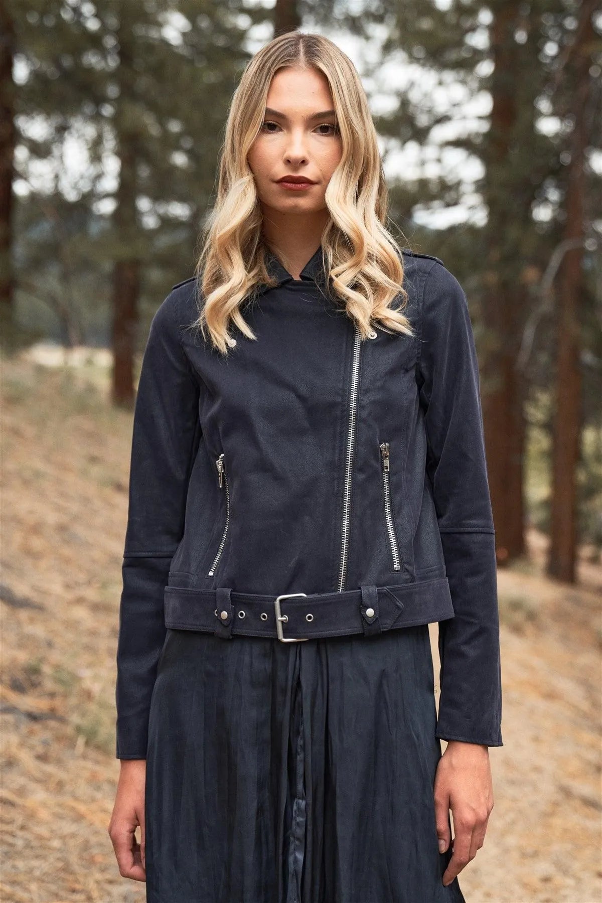 Deep Blue Faux Suede Edgy Belted Hem Biker Jacket /2-3-1 - Tasha Apparel Wholesale