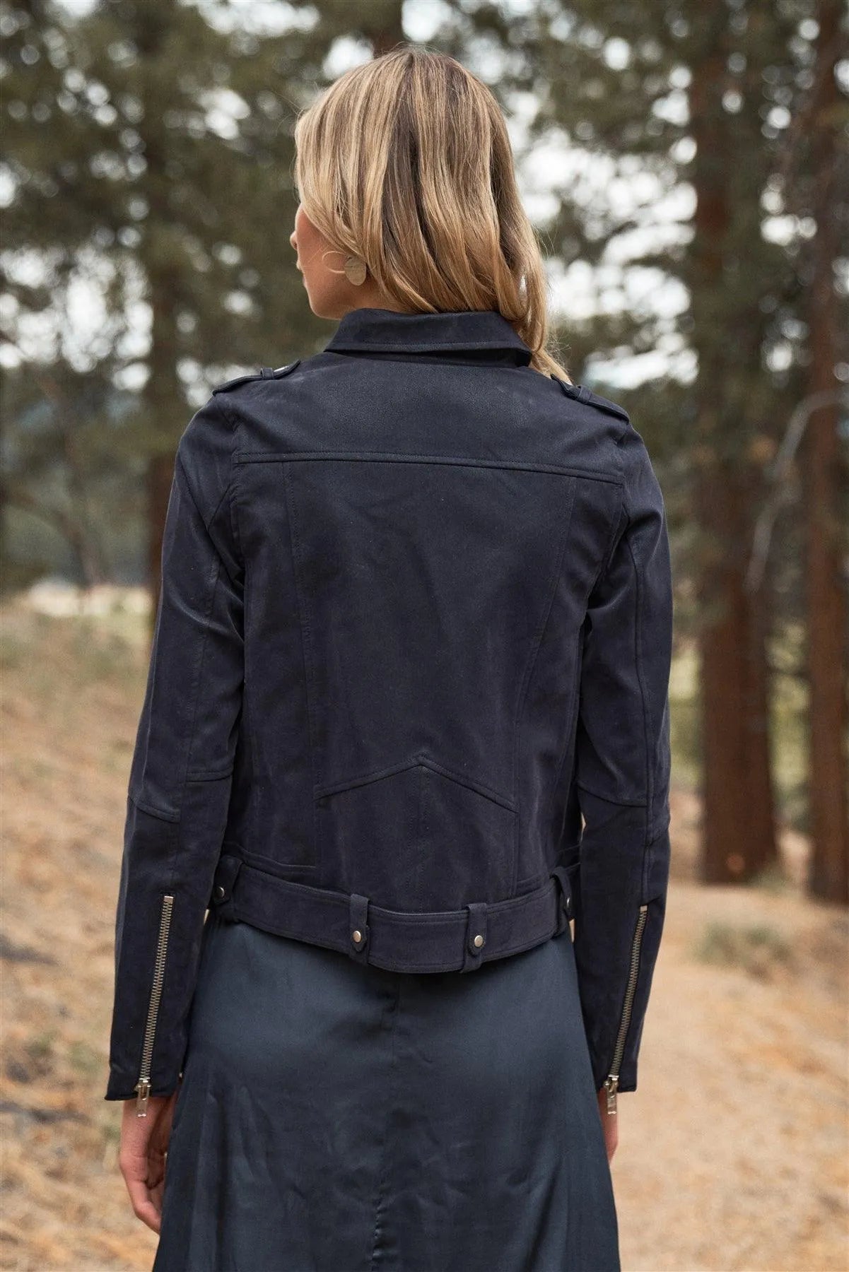 Deep Blue Faux Suede Edgy Belted Hem Biker Jacket /2-3-1 - Tasha Apparel Wholesale