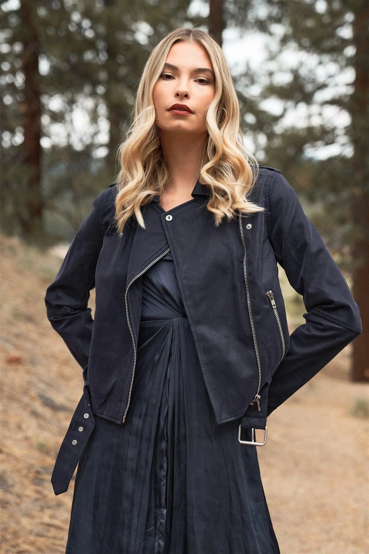 Deep Blue Faux Suede Edgy Belted Hem Biker Jacket /2-3-1 - Tasha Apparel Wholesale