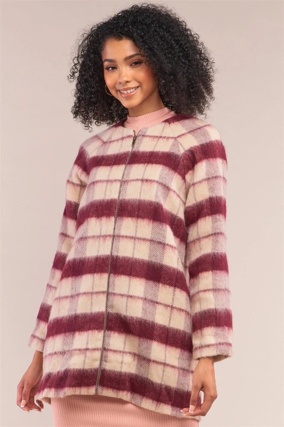 Cranberry Champagne Checkered Wool Long Sleeve Zip-Up Coat Jacket /2-1-1-2 - Tasha Apparel Wholesale