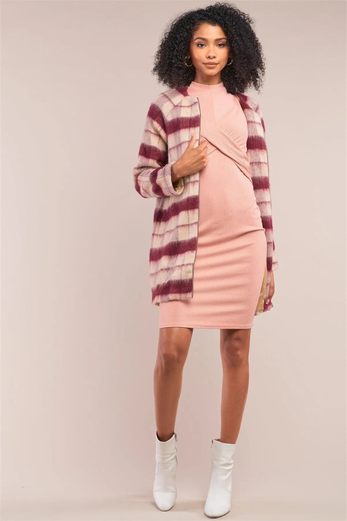 Cranberry Champagne Checkered Wool Long Sleeve Zip-Up Coat Jacket /2-1-1-2 - Tasha Apparel Wholesale