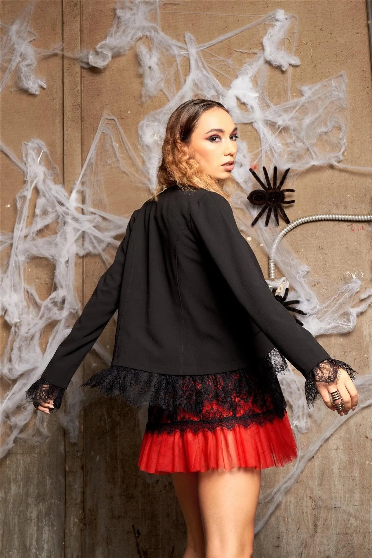 Lady Boss Black Lace Underline Trim Long Sleeve Open Front Blazer /1-2-2 - Tasha Apparel Wholesale