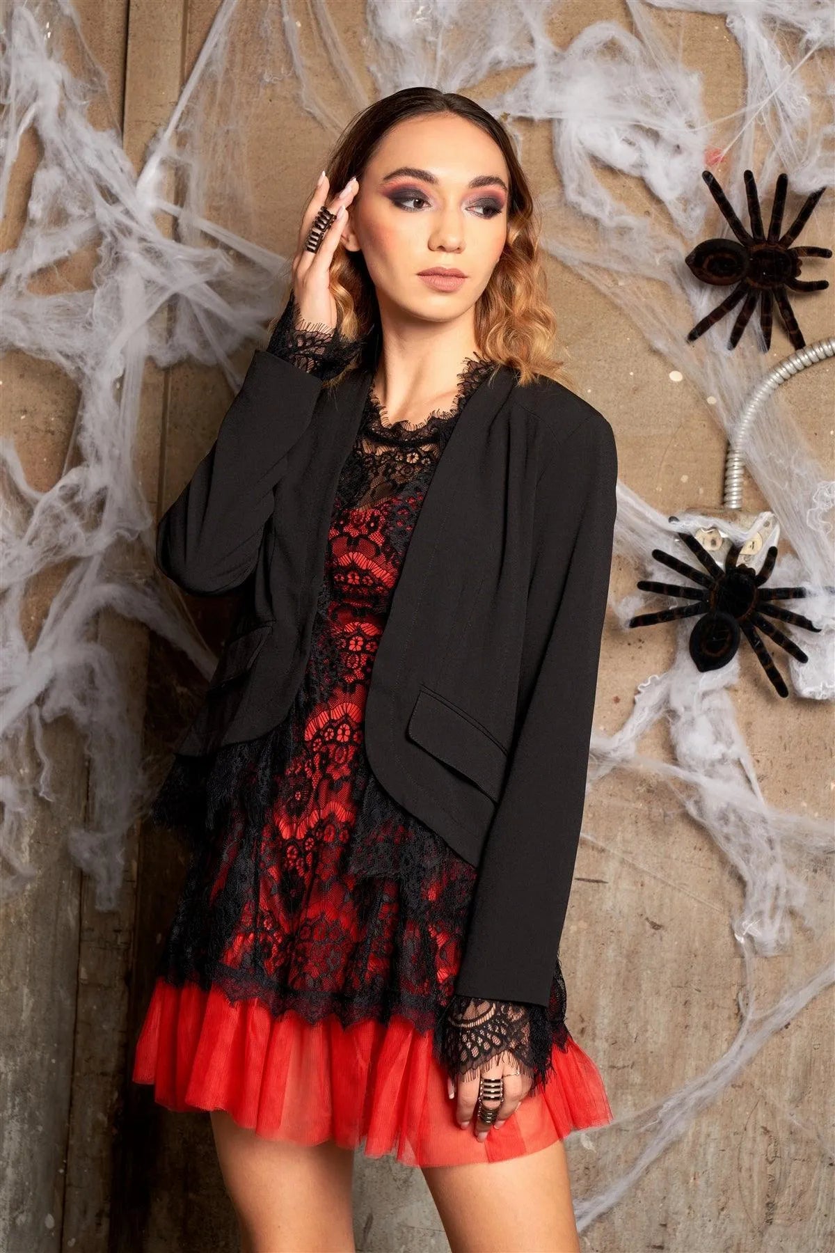 Lady Boss Black Lace Underline Trim Long Sleeve Open Front Blazer /1-2-2 - Tasha Apparel Wholesale