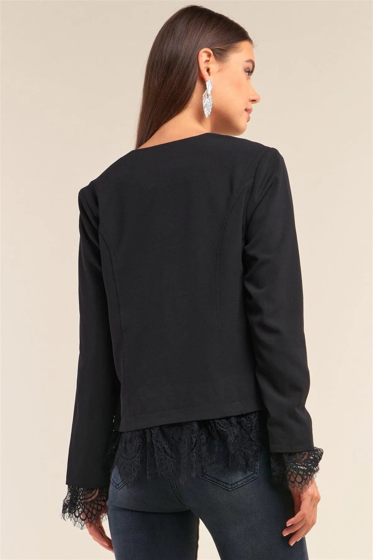 Lady Boss Black Lace Underline Trim Long Sleeve Open Front Blazer /1-2-2 - Tasha Apparel Wholesale