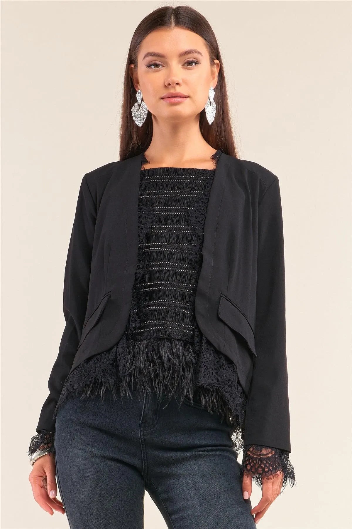 Lady Boss Black Lace Underline Trim Long Sleeve Open Front Blazer /1-2-2 - Tasha Apparel Wholesale