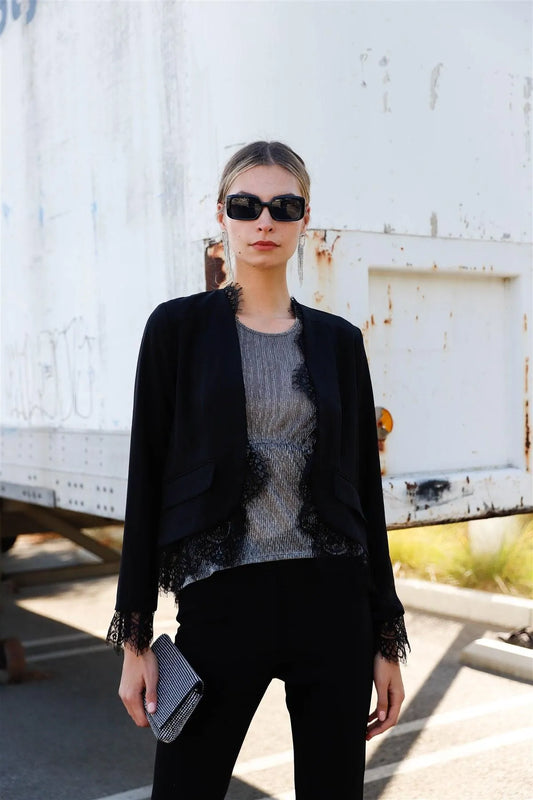 Lady Boss Black Lace Underline Trim Long Sleeve Open Front Blazer Jacket /1-2-2-1 - Tasha Apparel Wholesale